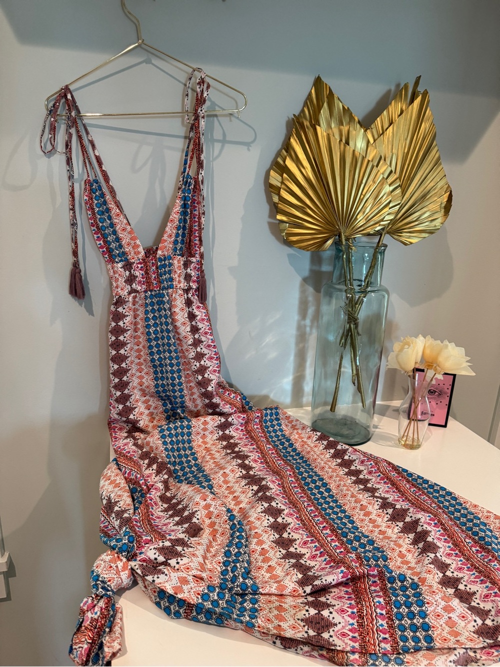 Lulu's Multicolor Boho Maxi Dress in Blue, Rust & Cream